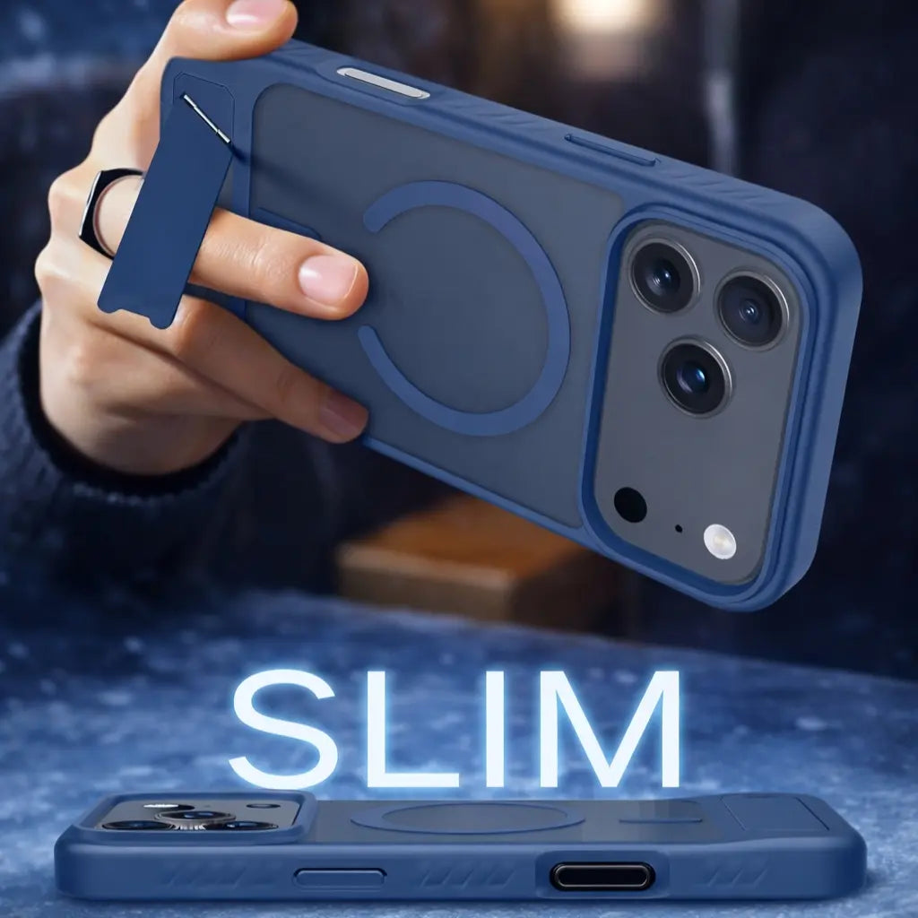 Slim Relanet OptiCase cover med MagSafe- og magnetic-kompatibilitet samt indbygget stand til iPhone og Samsung.