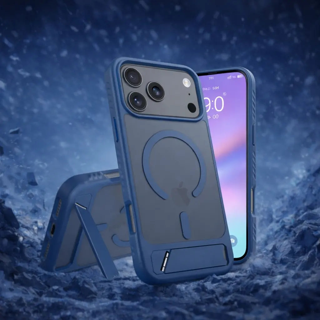 Relanet OptiCase cover med MagSafe- og magnetic-kompatibilitet samt indbygget stand til iPhone og Samsung.