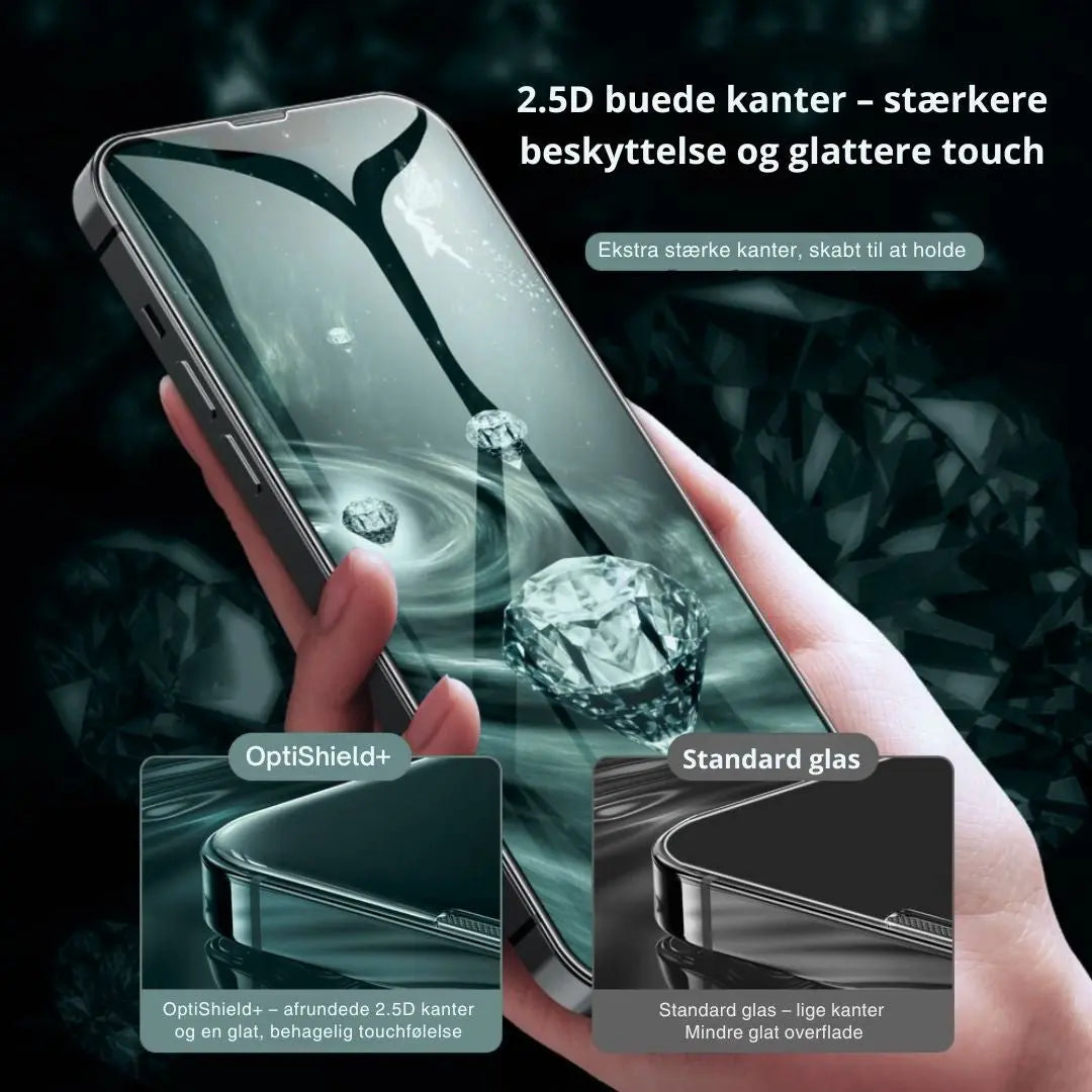 Relanet OptiShield+ med afrundede 2.5D kanter der giver stærkere beskyttelse og en glattere touchfølelse