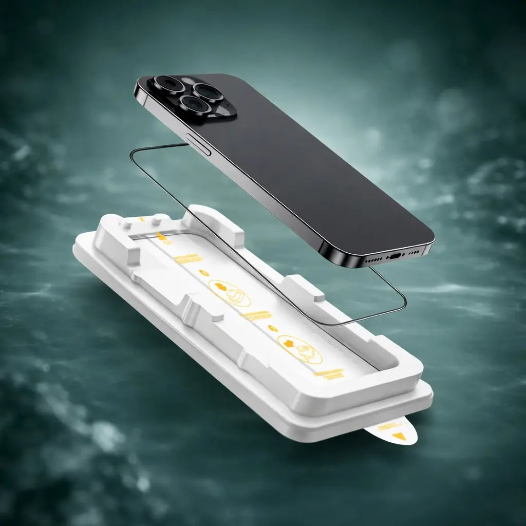 Relanet OptiShield+ skærmbeskytter med aligner til iPhone og Samsung for nem og præcis montering.