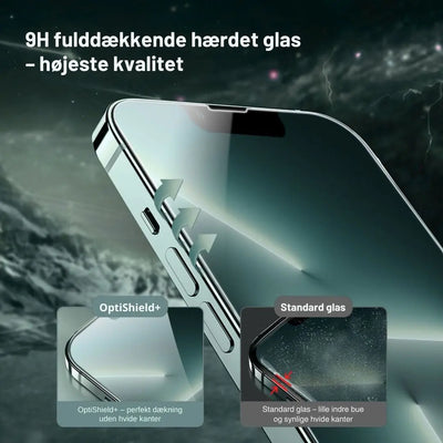 Panserglas iPhone OptiShield+™ 9H fulddækkende hærdet glas sammenlignet med standard skærmbeskyttelse