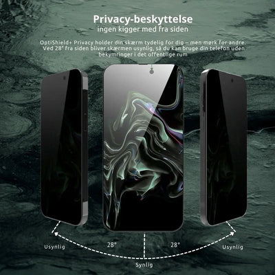 Panserglas iPhone privacy med OptiShield+™ – synlig forfra og usynlig fra siden ved 28 grader
