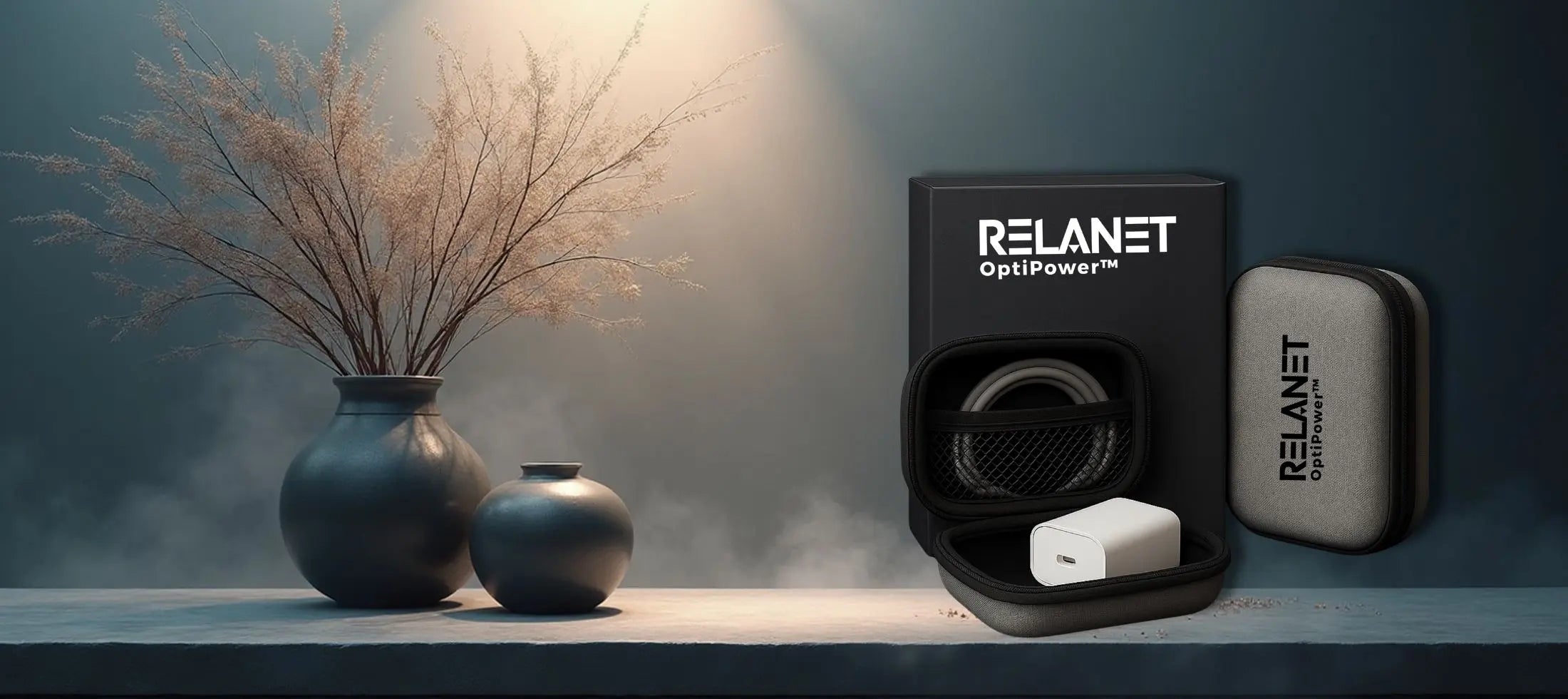 Relanet OptiPower™ opladersæt præsenteret i elegant hero-miljø med oplader, kabel og opbevaringsetui
