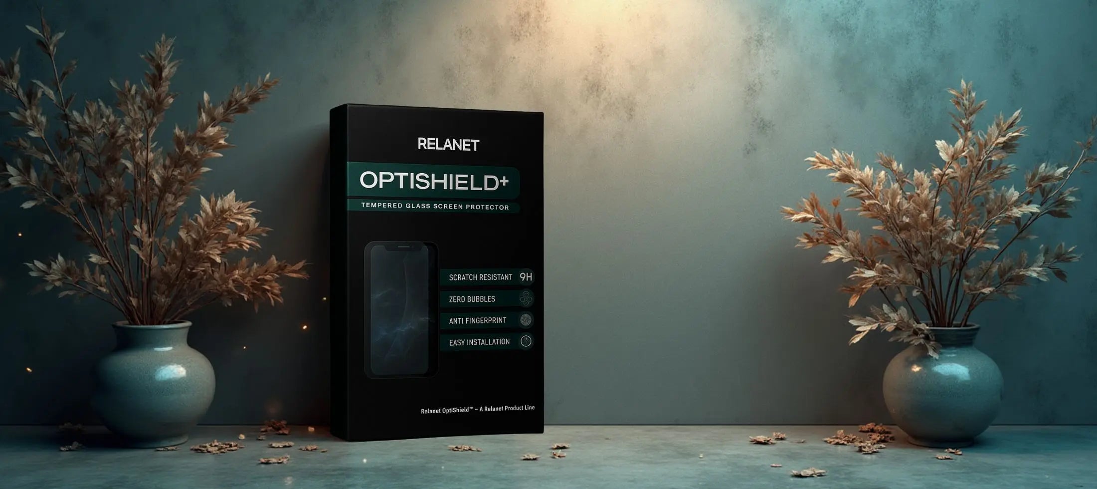 Relanet OptiShield+ hærdet glasskærmbeskyttelse fra OptiLine-serien, præsenteret i elegant emballage på stilren baggrund.